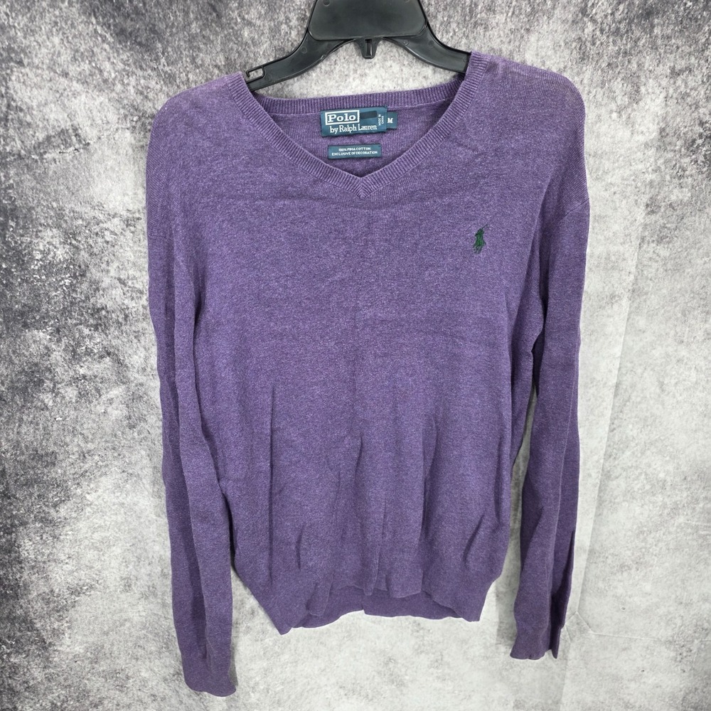 Polo Ralph Lauren Sweater Mens Medium Purple V Neck Pullover Preppy Pima Cotton